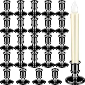 24 Pieces Window Taper Candle Holders Plastic Traditional Candlesticks Only for Flameless LED Table Centerpiece Pillar Candle Holder for Halloween Christmas Wedding Dinner Tables (Black)