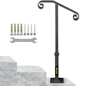 【Summervibes】VEVOR Handrails for Outdoor Steps, Fit 1 or 2 Steps Outdoor Stair Railing, Single Post Wrought Iron Handrail, Gray Transitional Porch Railings for Concrete Steps or Wooden Stairs with Base