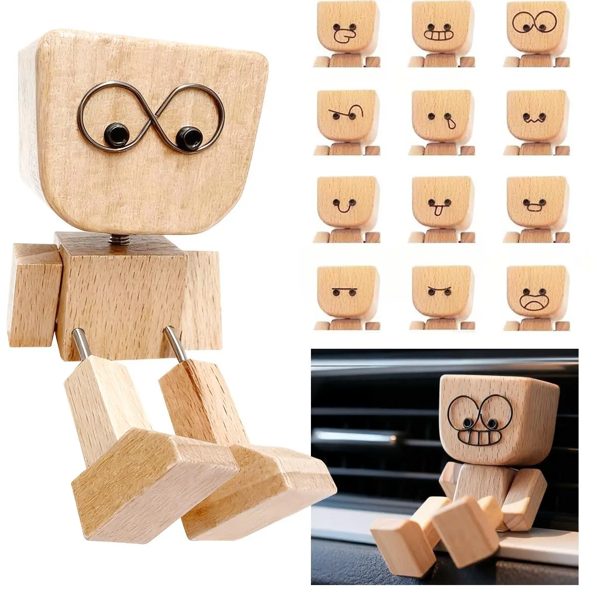 【Back To School】Shaking Wooden Man Car Dashboard Accessories, Handmade Wood Desktop Decor, Funny Cars Ornaments Shak Feet Woodens Doll with 12PCS Magnetic Expressions