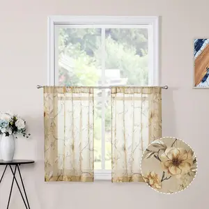 Short Sheer Tier Curtain Beige Flower Leaf Printed Floral Embroidered Half Window Curtains Sheer Rod Pocket Kitchen Voile Faux Linen Curtain for Bathroom, 30 x 24 inches Long, Set of 2 Panels