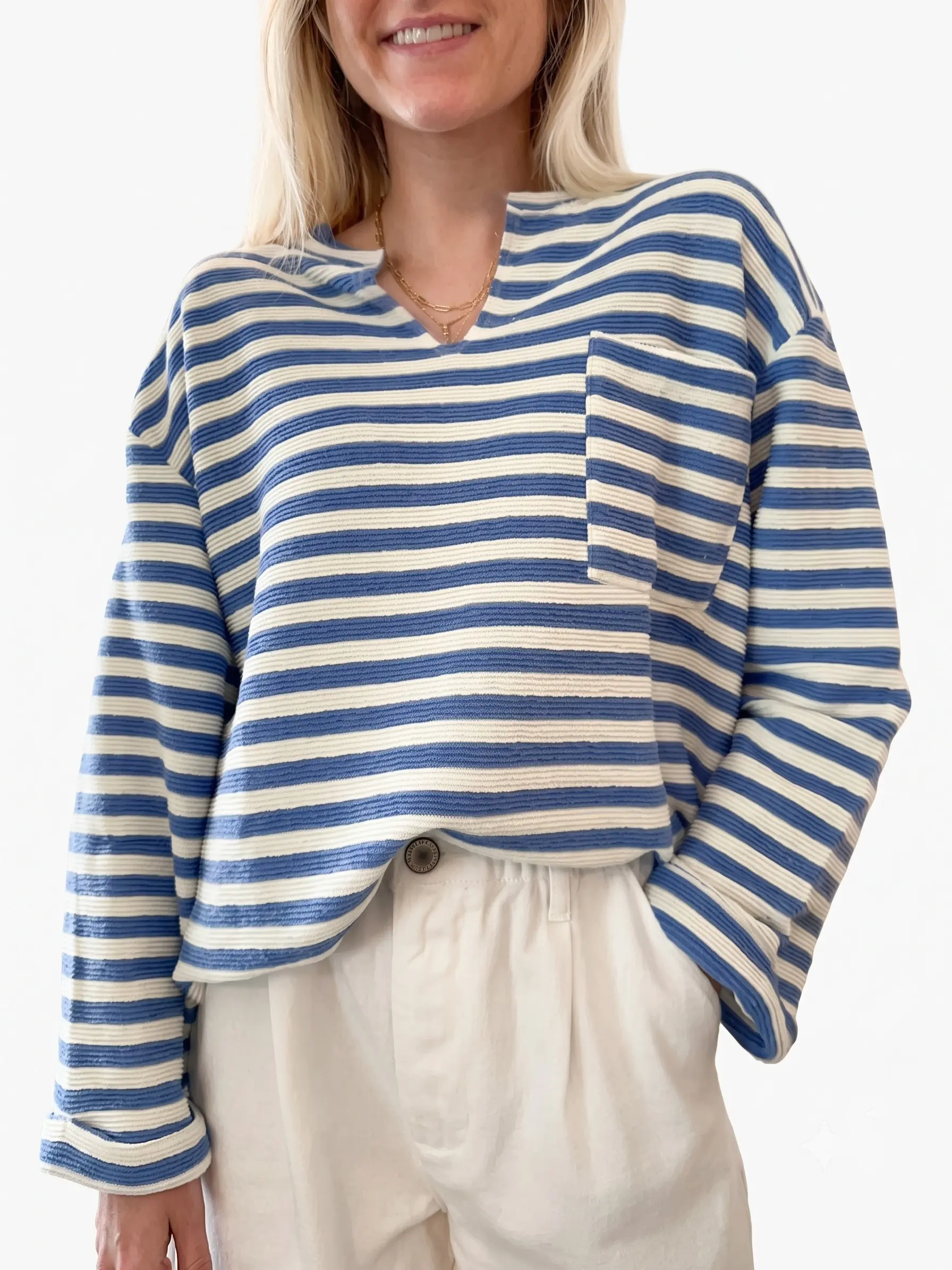 Women's Striped V Neck Long Sleeve T Shirts Casual Drop Shoulder Loose Tops with Pocket Button Back
