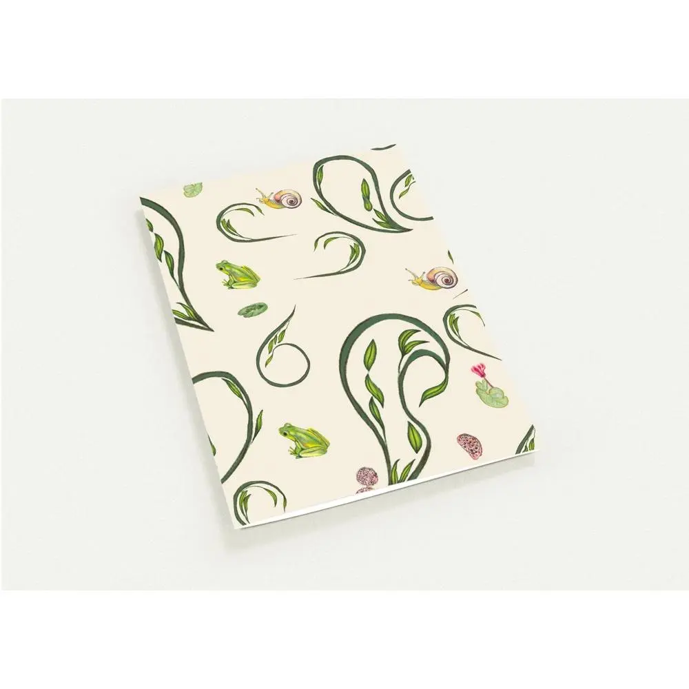 Hand drawn tree frog and cyclamen greeting cards with a moss green inside, Pack of 10
