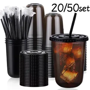 20/50pcs Disposable Drink Mixing Cups with Straws and Lids, 500ML Pet Cold Beverage Coffee Cups for Parties, Celebrations and Party Supplies, Plastic Party Cups