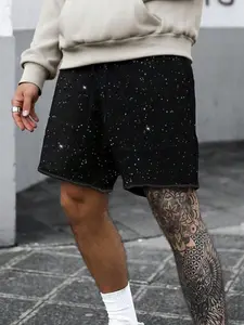 Men's New Summer Fashion Street Casual Style Fitted Rolled Hem Cuffed Silver Glitter Shorts, Eye-Catching Elegant Shorts for Outings, Must-Have Summer Essential