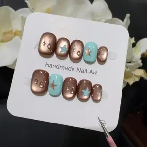 10pcs high-end Small brown water droplets handmade French Tip Nails, Short dark-colored nail art handmade fake nails