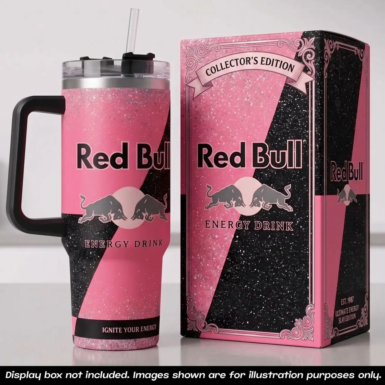 Red Bull 40oz Tumbler With Handle No Box, Energy Drink RB Pink Glitter Travel Mug, Ignite Your Energy Stainless Steel Insulated Cup, Charging Bulls Sports Drinkware, Cold Iced Coffee Water Tumbler, Extreme Sports Fan Gifts
