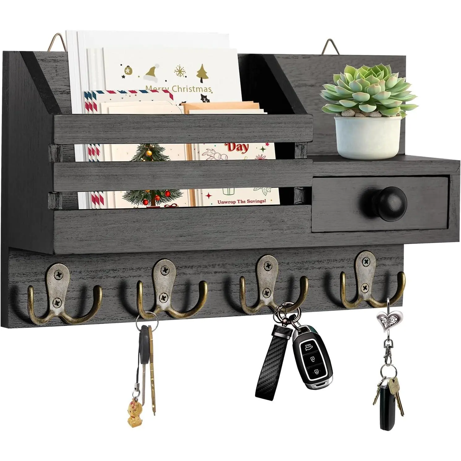 Wooden Wall Mount Key Holder with Shelves - Ladder-Shaped, 8 Hooks, Small Drawer, Adhesive Mail Organizer, 2 Installation Methods, Black Home Decor, Room Accessories for Camper, Bedroom, Entrance, Garage