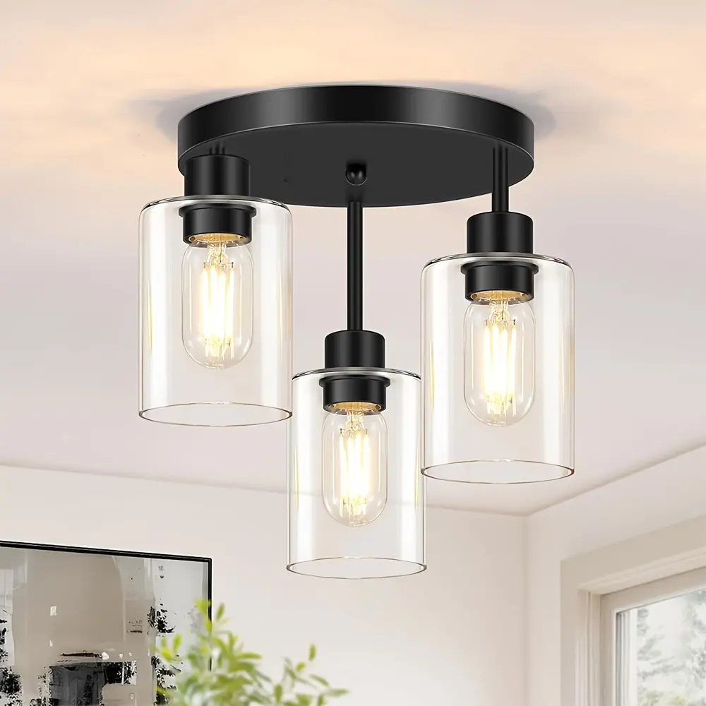 Black Flush Mount Ceiling Light Fixtures, 3-Light Ceiling Mount for Farmhouse with Seeded Glass Lampshade, Industrial Flush Mount Light Fixture Farmhouse for Hallway, Kitchen, Entryway and Foyer