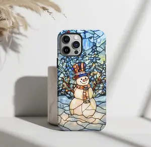 Stained Glass Snowman Phone Case: Illuminated Winter Wonderland Design, Christmas Phone Case, Gift for Sister, Friend, Him/ Her, Birthday - iP Xr, 11, 12, 13, 14, 15, 16, 17, S21, 22, 23, 24, 25 - Tough Case, MagSafe Case, Phone Case