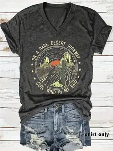 Spring Summer Vintage Desert Road T-Shirt, Fun Travel Adventure V-Neck Tee, Fashion Comfort Lightweight Casual Streetwear T-Shirt, Trendy Graphic Women's Top