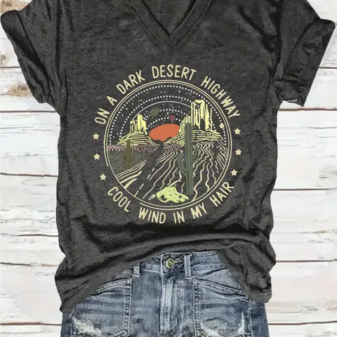 Spring Summer Vintage Desert Road T-Shirt, Fun Travel Adventure V-Neck Tee, Fashion Comfort Lightweight Breathable Casual Streetwear T-Shirt, Trendy Graphic Women's Top