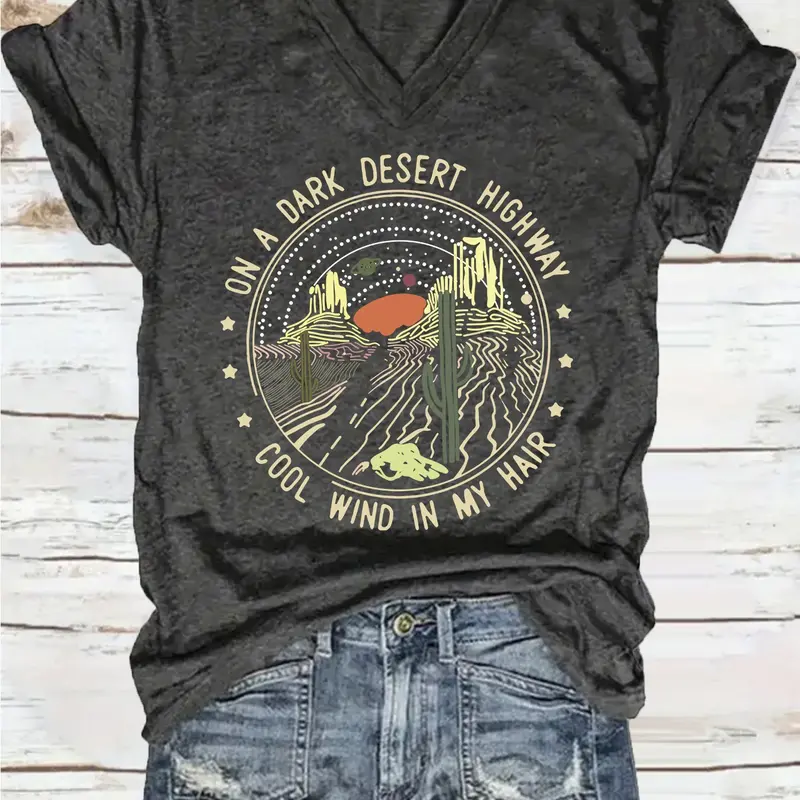 Spring Summer Vintage Desert Road T-Shirt, Fun Travel Adventure V-Neck Tee, Fashion Comfort Lightweight Breathable Casual Streetwear T-Shirt, Trendy Graphic Women's Top