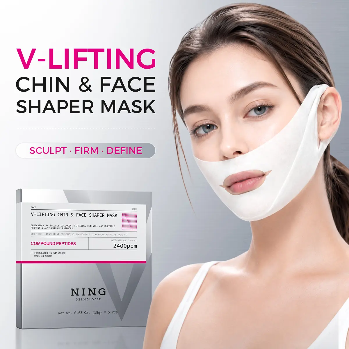 30 Mins Instant Lifting, Firming, Anti-Wrinkle, Reduces Puffiness, Sagging & Double Chin|V-Lifting Chin & Face Shaper Mask, 3D Jaw-To-Face Tightening & Duo Tape Design|Infused with Collagen, Caffeine, Peptides & Pro-Xylane for All Skin Types