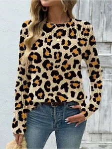 Women's Leopard Print Stand Collar Sweater, Fall Winter Casual Long Sleeve Knitwear, Comfortable Warm Fitted Top, Pop Art Design