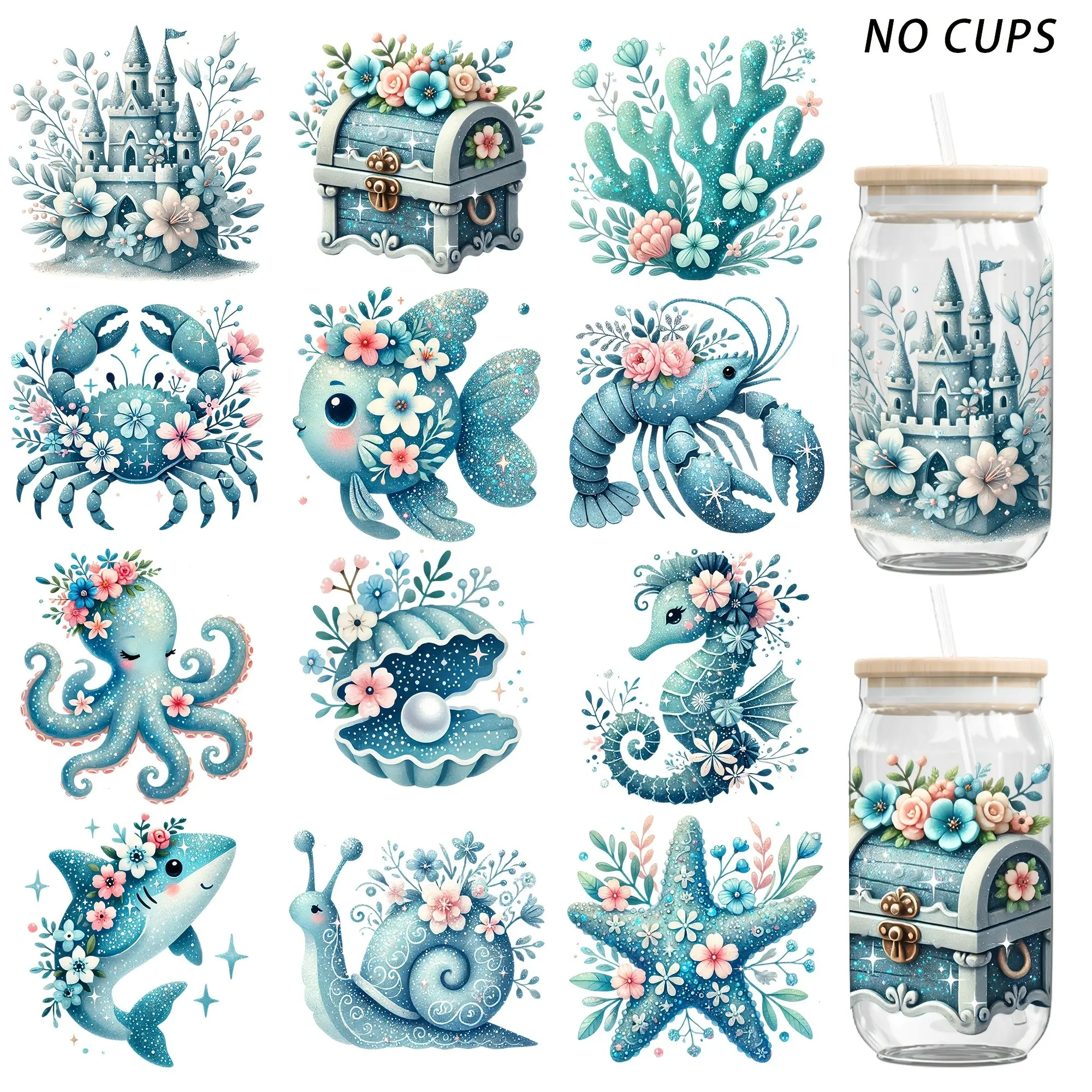 12Pcs Floral Ocean UV DTF Transfer Stickers, Waterproof, Fit 16OZ Glass Jars & Mugs, Self-adhesive Easy Application, DIY Decor for Cups, Bottles, Furniture, Photo Frames, Ideal Gift