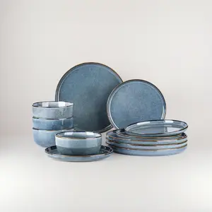 Ceramic Dinnerware Sets for 4, 12 Pieces Stoneware Plates and Bowls Sets, Reactive Glaze Dishes -Scratch Resistant, Dishwasher&Microwave Safe, Space Blue