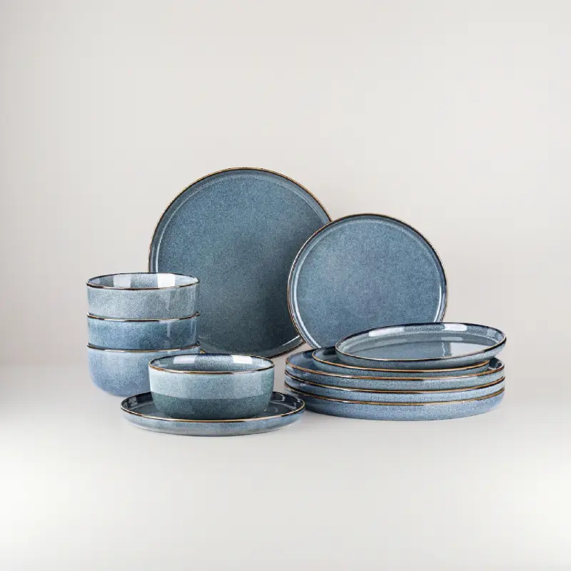 Minimalist Lead-Free Ceramic Tableware Set - 12pcs Sturdy Clay Stoneware Service for 4, Space Blue Reactive Glaze, Scratch-Resistant, Dishwasher & Microwave Safe Dinner Plates & Bowls for Everyday Use, Housewarming Gift, Modern