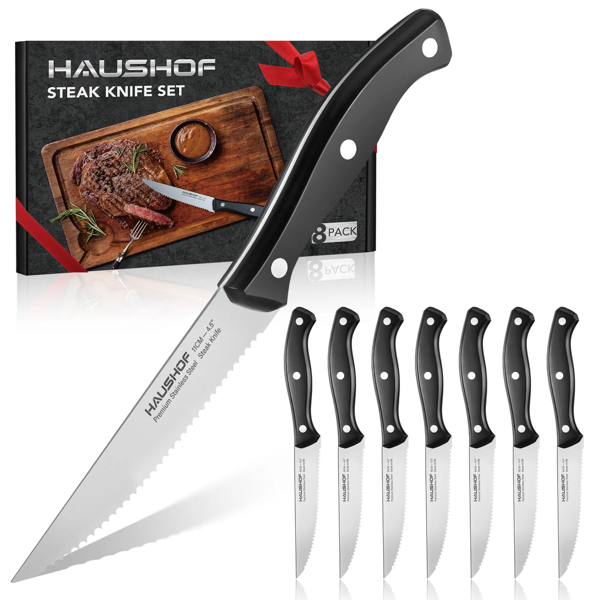 #fathersdaygift HAUSHOF Steak Knives Set of 8, Premium Stainless Steel Serrated Steak Knife Set with Gift Box, Full Tang and Ergonomic Handle, Gifts Knife Set for Mom, Dad, Wife and Husband