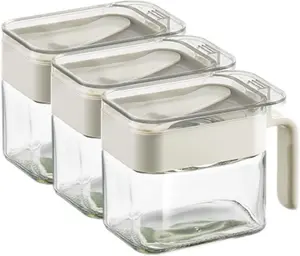 Condiment Jar Spice Container, Sugar and salt container set,Glass Seasoning Box with Spoon Dustproof Lid and Handle,for Kitchen, Counter,Food Storage,10oz Set of 3(grey)