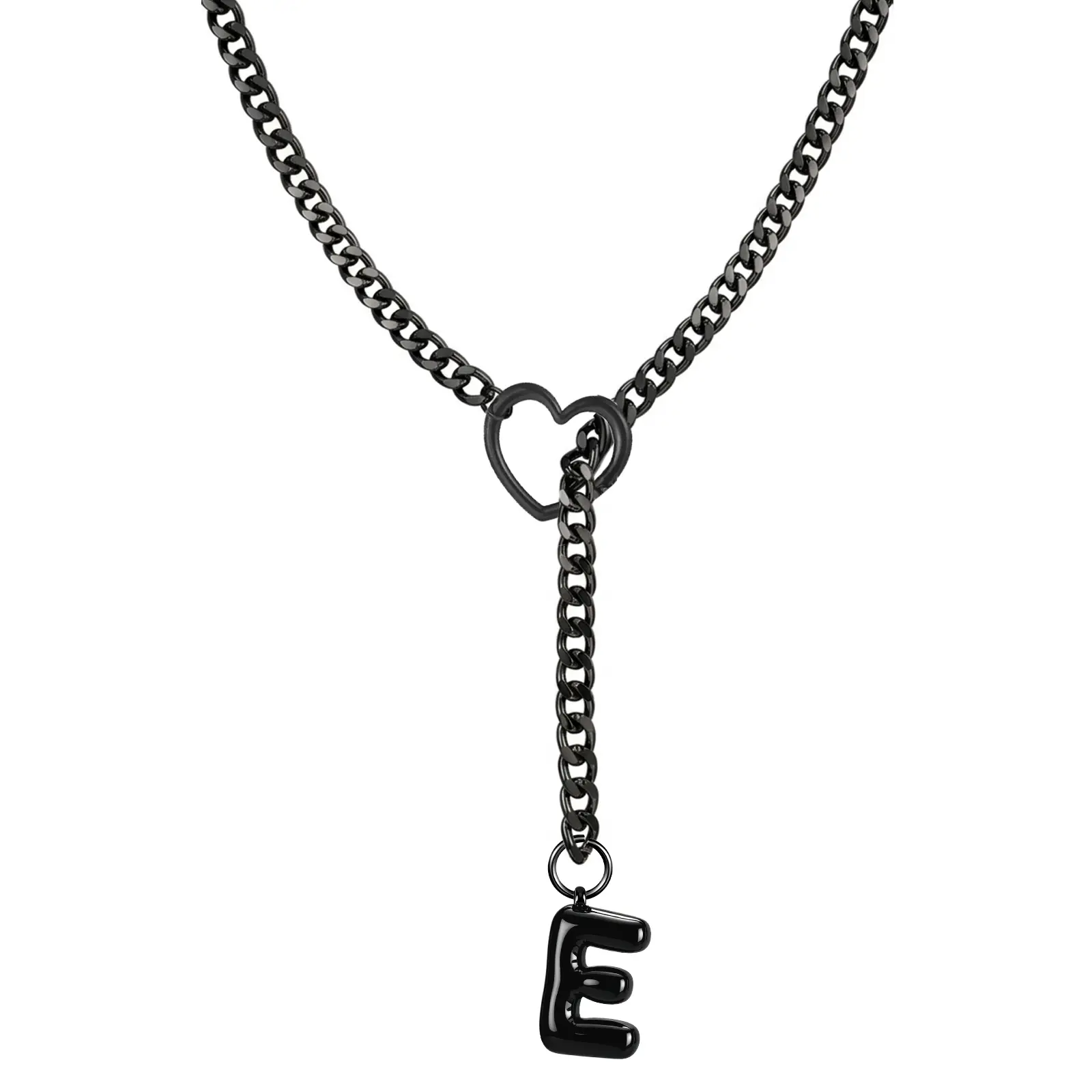 Black Heart Slip Chain Initial Necklaces for Women, Stainless Steel Choker Necklace, Gothic O-Ring Adjustable Lariat Y Necklaces, Punk Cuban Collar Choker Necklace, Halloween Jewelry Gift