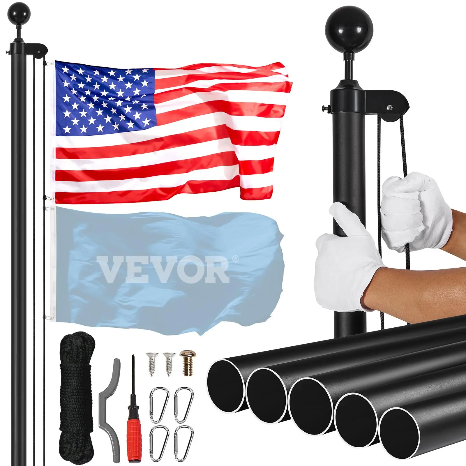 【summerfinds】VEVOR 25FT Sectional Flag pole Kit, Heavy Duty Aluminum Alloy in Ground Flag poles for Outside, 3 Display Modes Flagpole with 3x5 American Flag, Professional Accessories, Black Banners Lightweight
