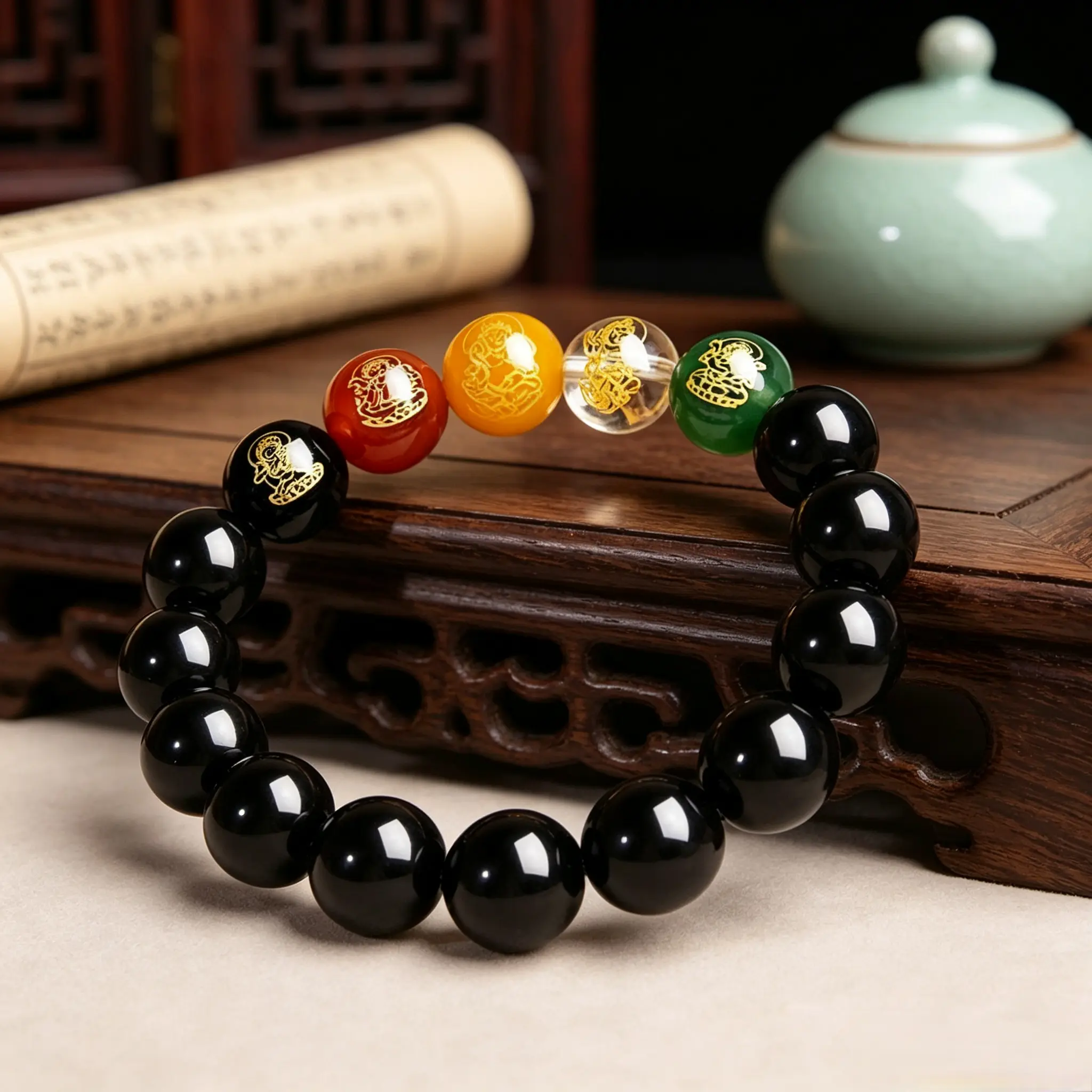 Elegant 5-Path Wealth Black Birth Year Ornament Bangle - Lucky Energy Costume Jewelry Accessory for Daily Wear, Stress Relief Gift, Elegant Bangle Bracelet, Lucky Energy Bracelets & Bangles Lucky Bracelet