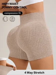 Women's Seamless Knitted Textured Yoga Compression Fit Shorts, High Waist Butt Lift Abdominal Control, Sporty Casual Fashion Workout Bottoms
