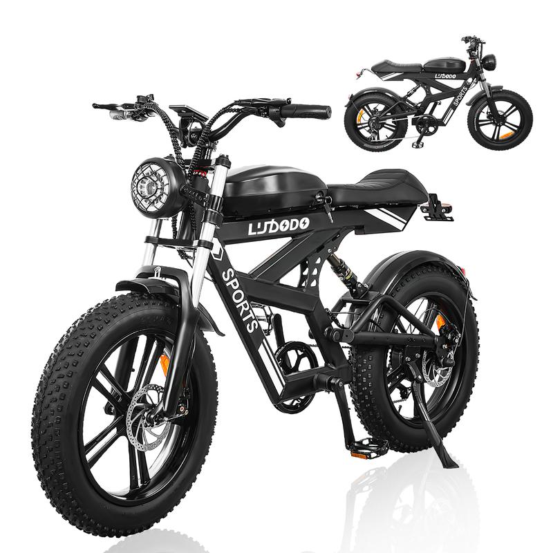 Moped Style Ebike for Adults740W, Max 19MPH & 70-150 Miles, Long Seat Electric Dirt Bike with 20" Fat Tire, Full Suspension E Bike All Terrain Gravelbike