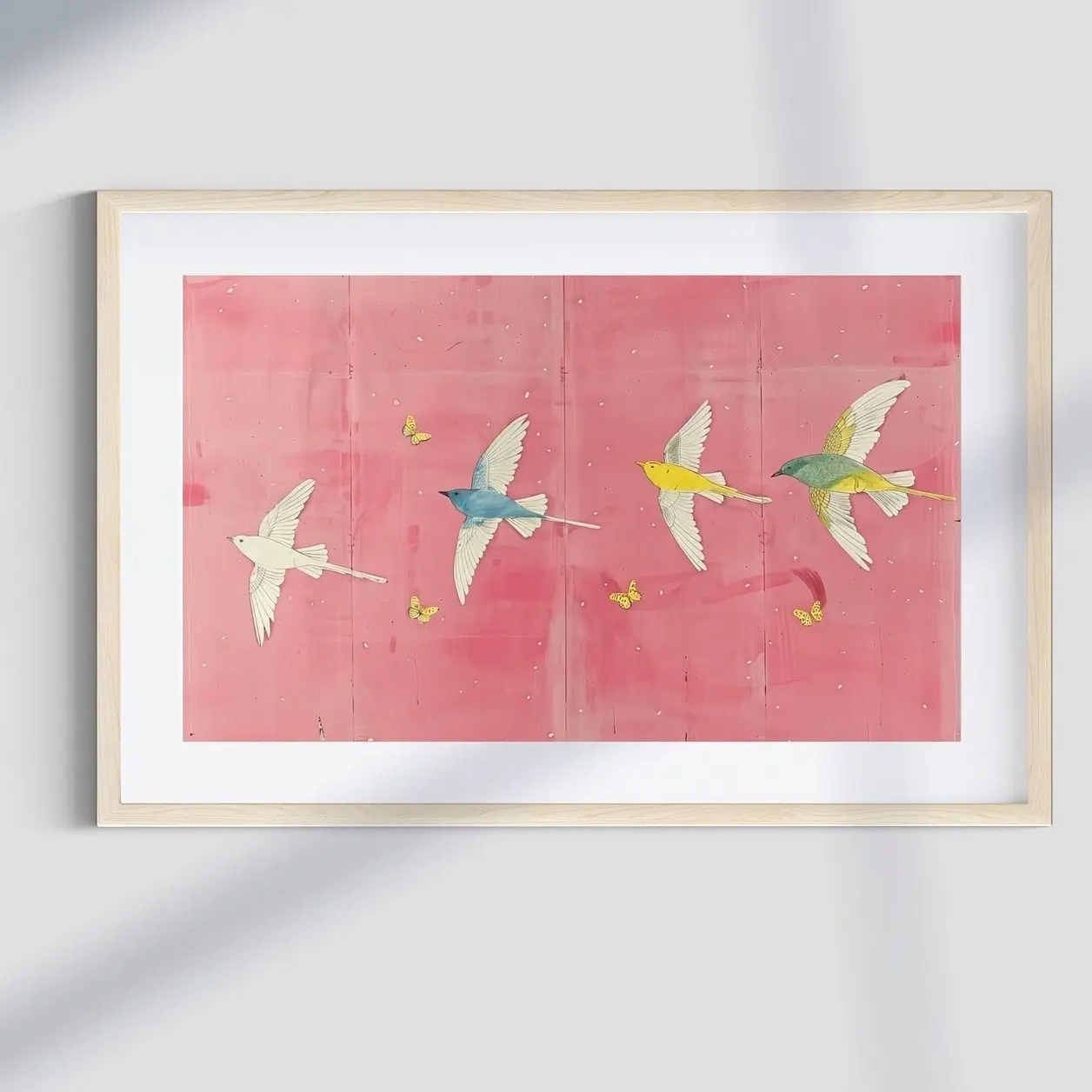 Pink Bird & Butterfly Wall Art, Abstract Painting Print, Girly Pink Apartment Decor B
