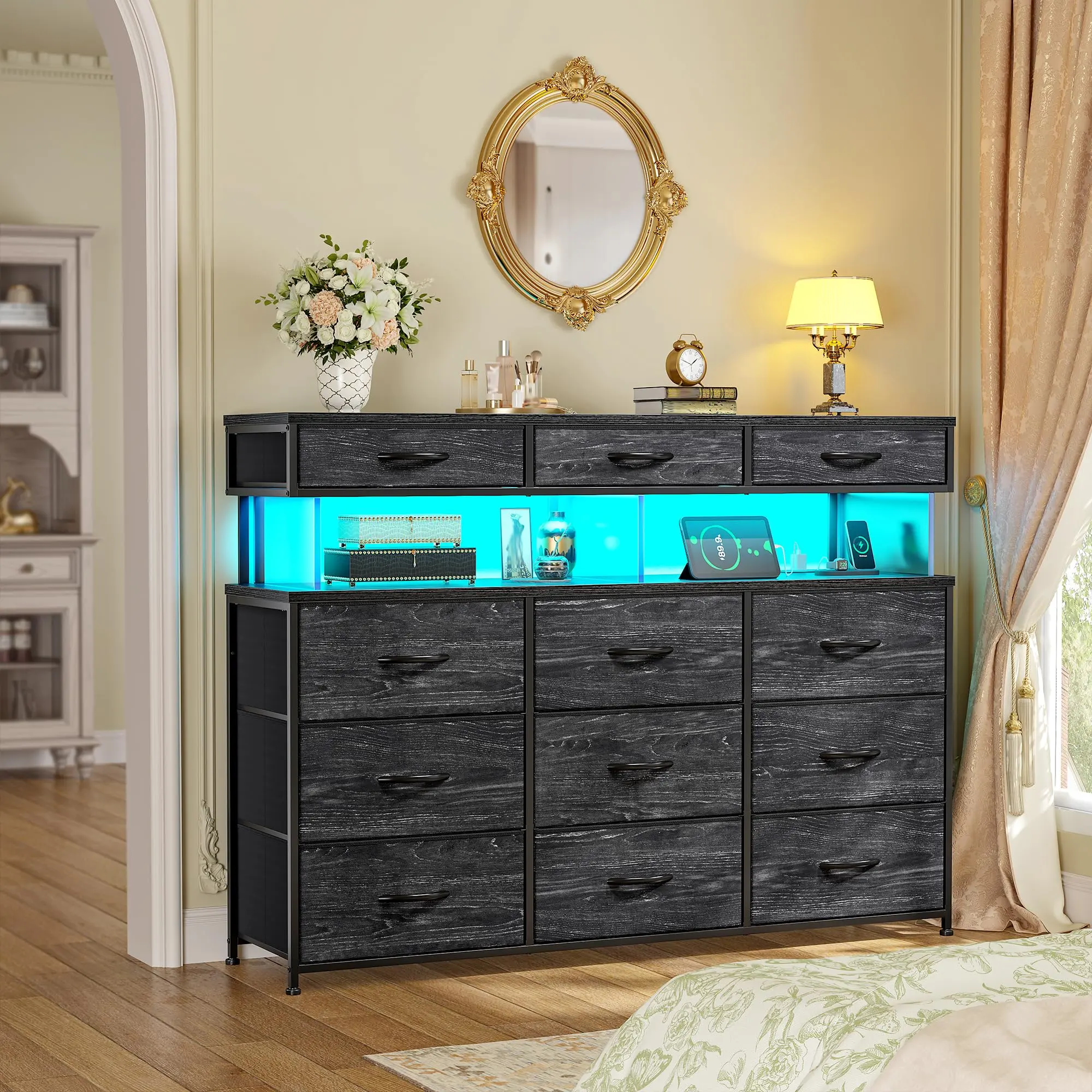 Raybee Sturdy Modern Dresser - 12 Fabric Drawers, 10MM Thick Acrylic Sheet, Charging Station with 2 AC Outlets & 2 USB Ports, LED Lights, Bedroom Dresser Indoor Storage Organizer for Living Room, Back To School Haul, Sliding Door, Fabric Dresser Bedroom F