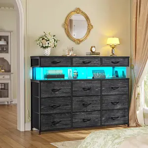 Raybee Modern Dresser for Bedroom with Charging Station & LED Lights, 12 Fabric Drawers Storage Organizer, 10MM Thick Acrylic Sheet, Perfect for Living Room, Closet