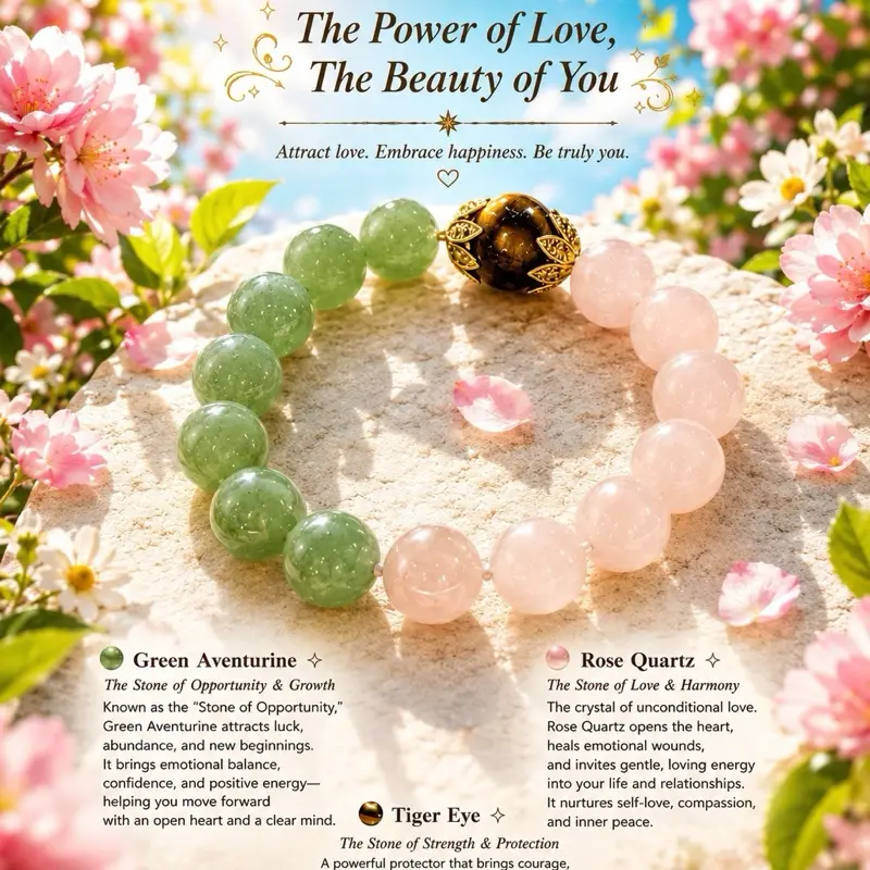 Celestone Natural Adventureine, Rose Quartz and Tiger Eye Bracelet