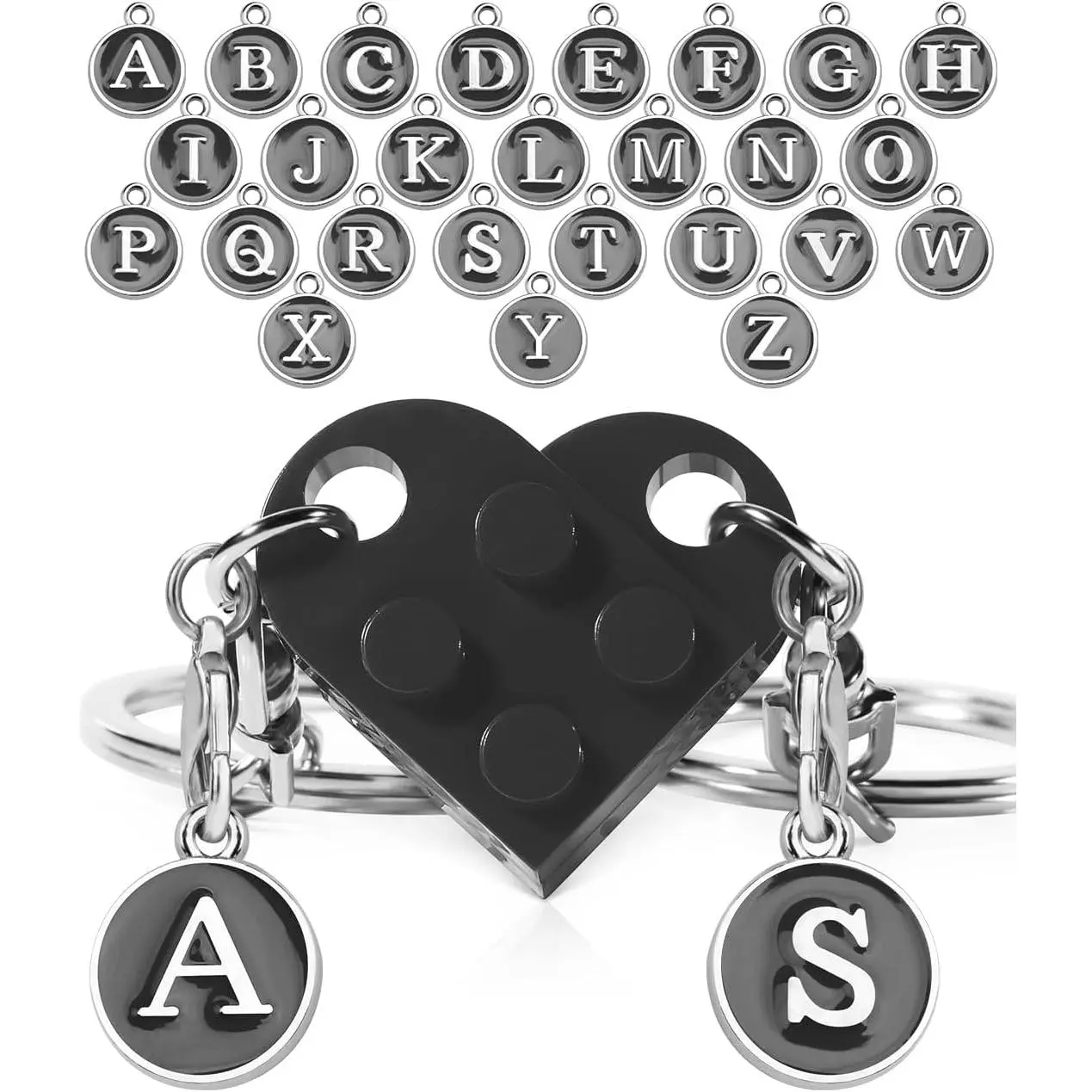 2-Piece Plastic Couple Heart Matching Keychain Multipack - Lego-Compatible, Modular, Detachable Letter Parts, Mobile Phone Selfie Accessory for Boyfriend, Christmas/Anniversary Gift (Ideal for Friends, Heart Shape Face Users)
