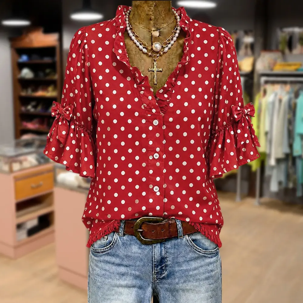 Cherrybetty 100% Cotton Chic Polka Dot Print Ruffle Neck Bow Decor Half Sleeve Blouse Comfort Elegant Outfits Outfit Inspo Spring Summer Fashion