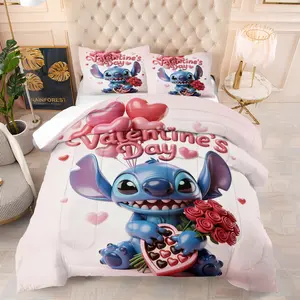 Stitch Patterned Quilt Set,Valentine's Day Rose Themed Print,Including 1 Quilt and 1 or 2 Pillowcases without Pillows,Suitable as a Gift for Loved Ones,Soft and Warm Bedroom Decoration for Teenagers and Adults