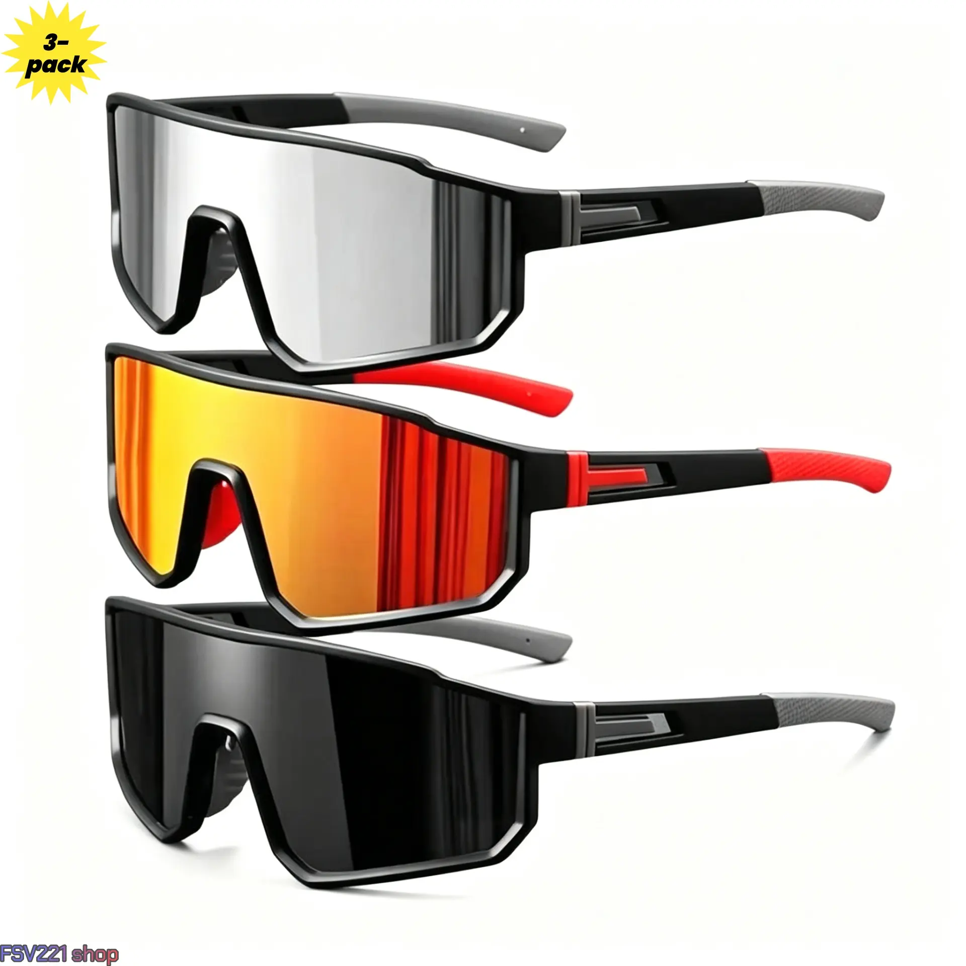 Men's 3-Pack Large Frame Polarized Sunglasses - Lightweight, Anti-Ultraviolet, Bold Style Athletic Black Wraparound Eyewear with Non-Slip Nose Pads (Guys Gifts, Cool Outdoor Stuff) for Fishing, Daily Wear