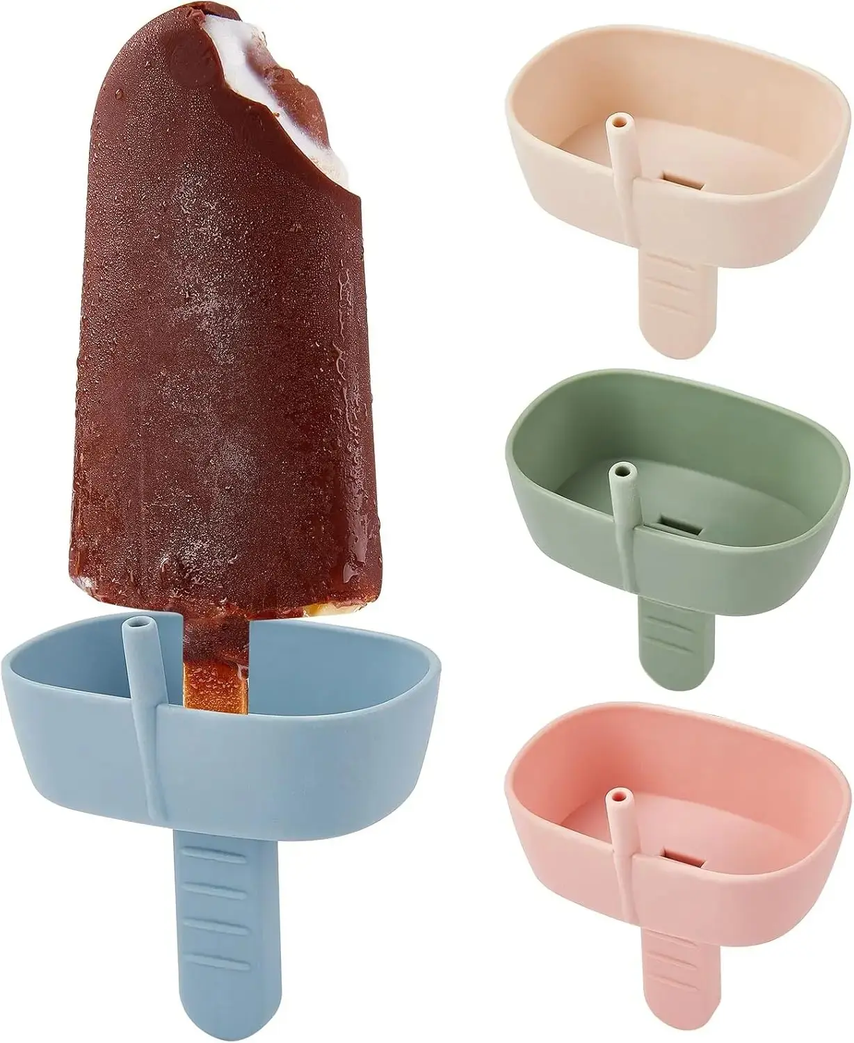 4 Pack Silicone Popsicle Holders with Drip Catcher & Straw, Leak-Proof Frozen Treat Holder, Fits Standard & Wide Sticks, Reusable Mess-Free Summer Snack Tool for Kids, Outdoor & Travel Use