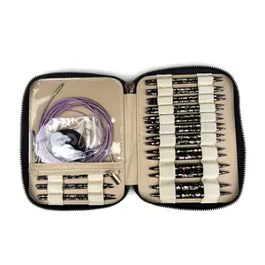 13 Sizes Aluminum Circular Knitting Needles Set with Detachable Cables, Brown PU Case - Interchangeable Crochet Needle Kit