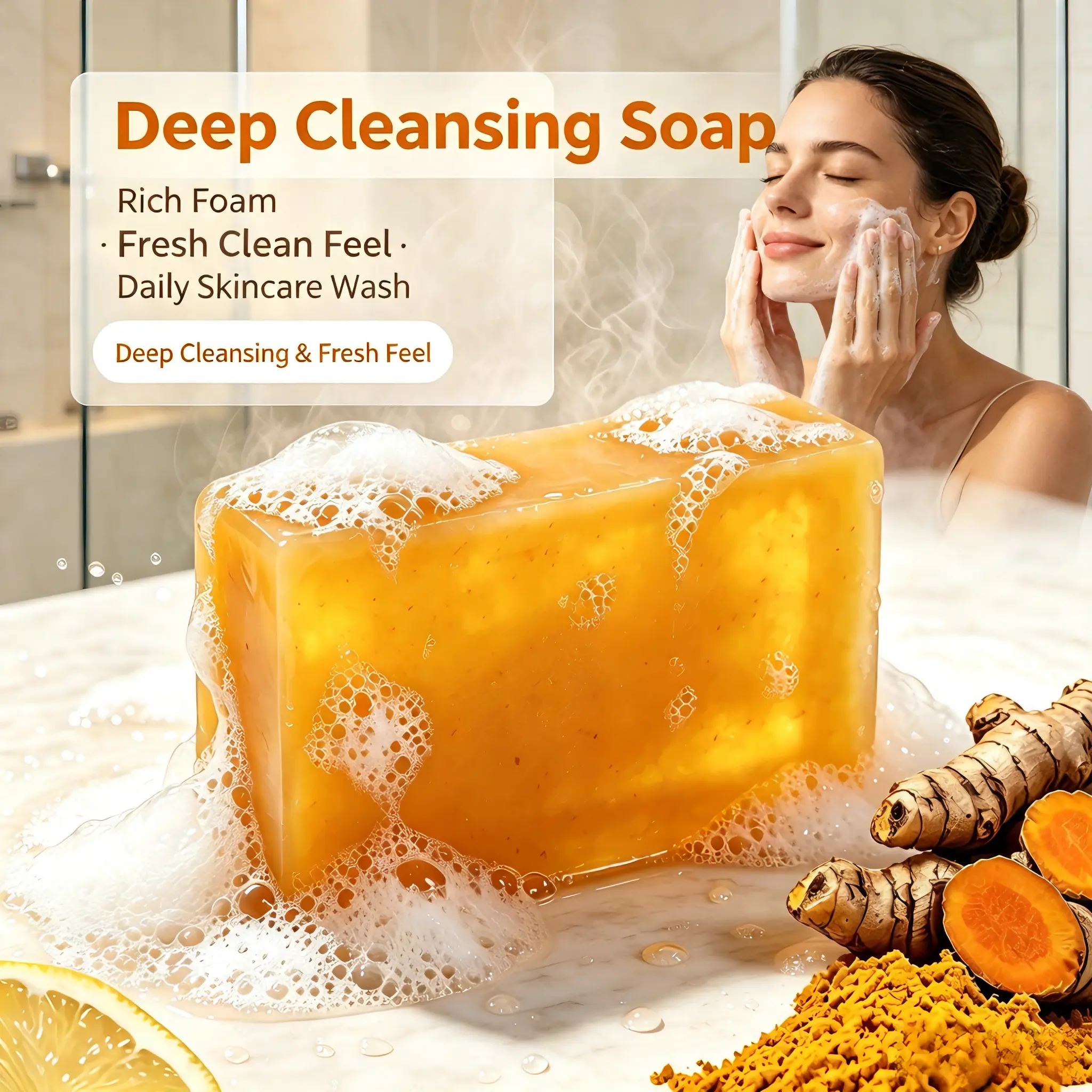 Natural Turmeric Handmade Solid Bar Soap Set (Set Includes 3 Bars) - Fresh Lemon Aroma, Gentle Cleansing, Moisturizing Bath & Body Care, Brightens Complexion, Acne Clearing Product, Blemish Relief Care, Gift-Ready Daily Skincare, Suitable for All Skin