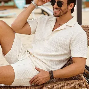Men's 2-Piece Textured Knit Set - Short Sleeve Button-Down Shirt & Drawstring Shorts, Summer Casual Vacation Outfit