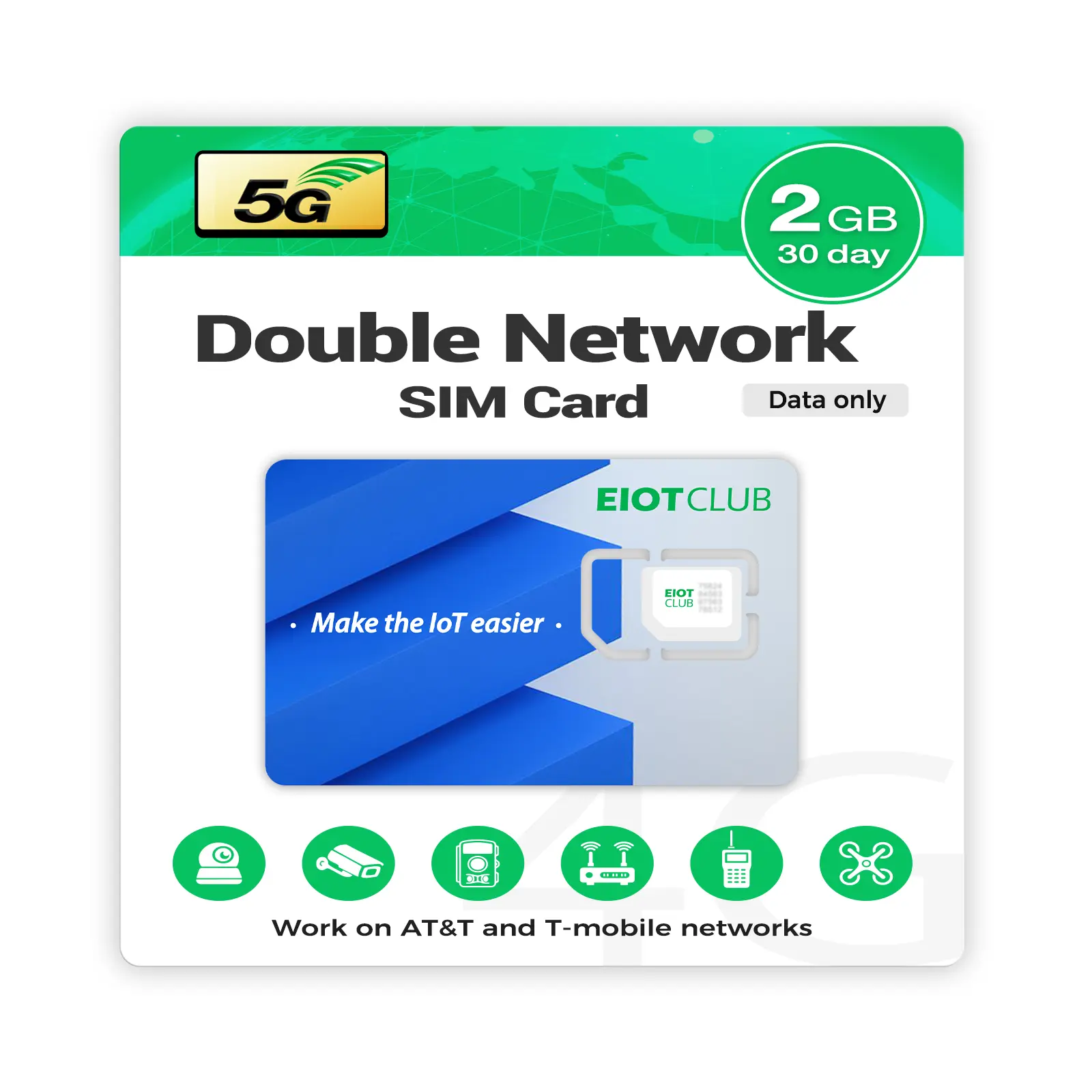 EIOTCLUB Data SIM Card, 2GB 30-Day 5G/4G LTE Data for Security Cameras, Routers, Tablets & IoT Devices, Support USA Double Network, No Contract, Pre-Cut Standard/Micro/Nano