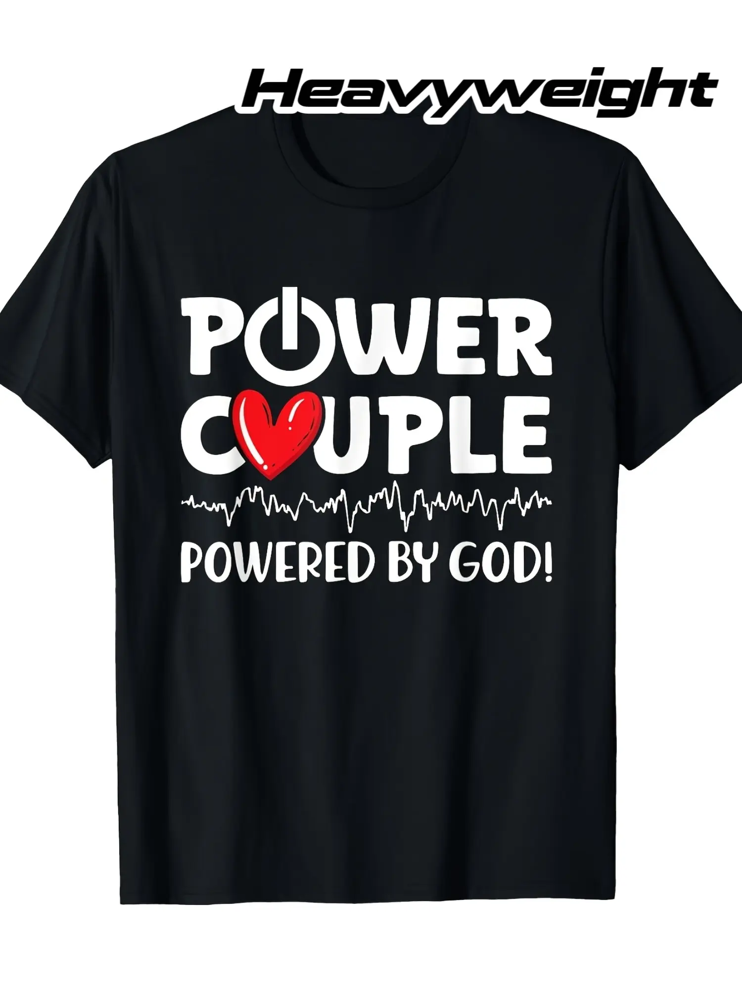 Christian Matching Couple T-Shirts - Heavyweight Cotton Valentine's Day Gifts, His & Hers Religious Tees with POWER COUPLE POWERED BY GOD Graphic, Unisex Faith-Based Apparel for Couples, Wedding & Anniversary Outfits - Machine Washable Black Short