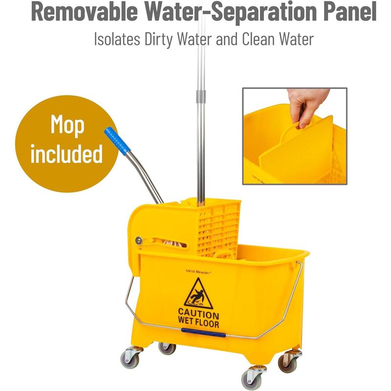 Mind Reader Bucket with Wringer and Mop Set, 22 Qt (5.5 Gallon), Floor Cleaning, Wheels, 16.25" L x 10.75" W x 24.5" H, Yellow