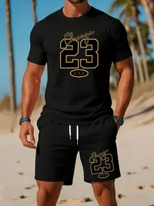 American Retro Pattern Chicago 23 Print T-shirt and Shorts Set - 2-piece Outdoor Street Fashion Casual Outfit. Lightweight, Quick-drying, Breathable Running Sports Wear.