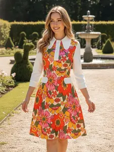 ORANGE 1960S LAPEL FLOWERS PATCHWORK DRESS Casual Floral A-Line Peter Pan Collar 3/4 Sleeves Button Closure Bohemian Womenswear Polyester Spandex Fit Elegant Boho Printed Summer Boho