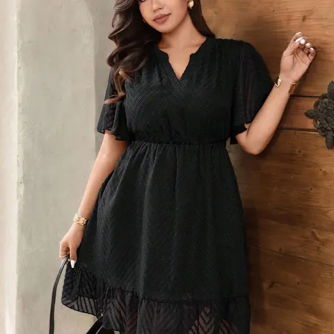 Celure Plus Size Women's Fashion Elegant Slim Fit V Neck Waist Cinched A-Line Casual Wear Summer Short Dress, Casual Beach Sundress, Womenswear Style, No Belt Included