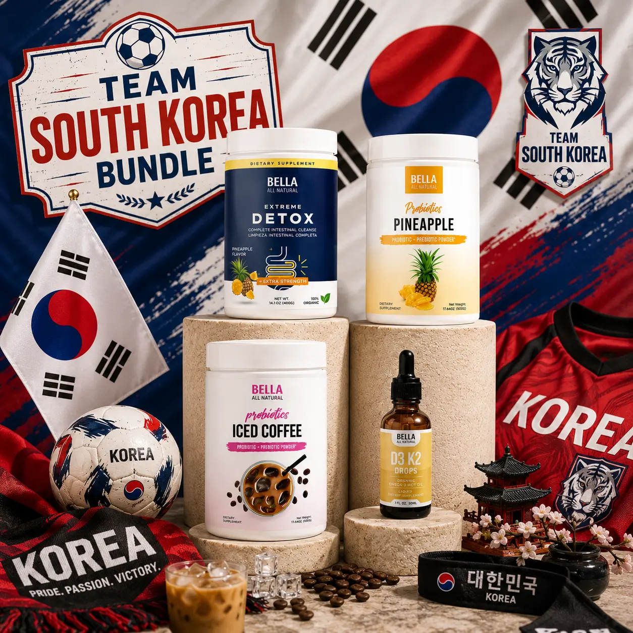 Bella All Natural Team South Korea Bundle: Extreme Detox Pineapple + Pineapple Probiotics + Blackberry Lemonade + D3 K2 Drops