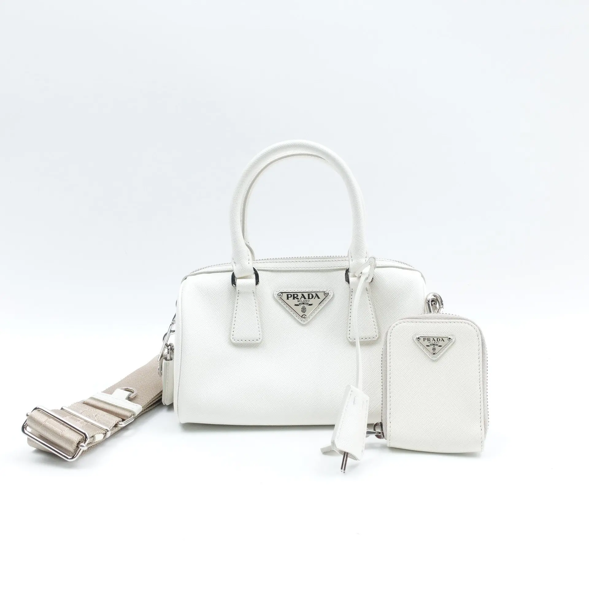 Pre-owned PRADA Saffiano leather Top Handle Bag White with Pouch T10404822