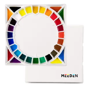 MEEDEN Large 32-Well Ceramic Watercolor Palette with Lid, Porcelain Paint Palette for Watercolor Painting with Cover, Big Mixing Tray for Artist, 12-3/5-Inch Square,White Elegant Design Smooth Surface