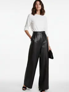 Women's Faux Leather Pleated PU Wide Leg Pants with Pockets, Stylish Casual Trendy Versatile High Waist Trousers, Comfortable Fashion Bottoms, Casual Lounge Pant, Casual Chic Bottoms